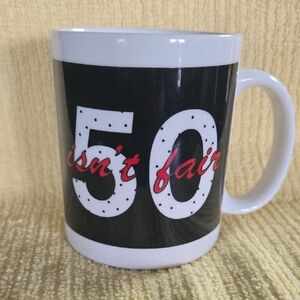 Humorous Black and White Mug with Red Text..